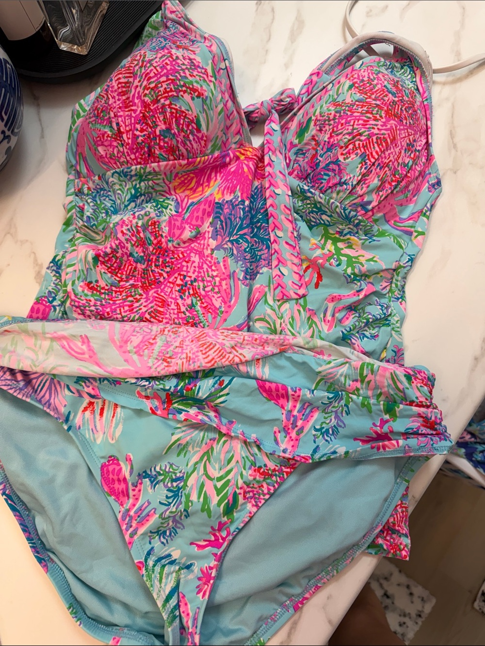 Lilly Pulitzer Aqua two Piece Swimsuit with Hot Pink Tropical Print